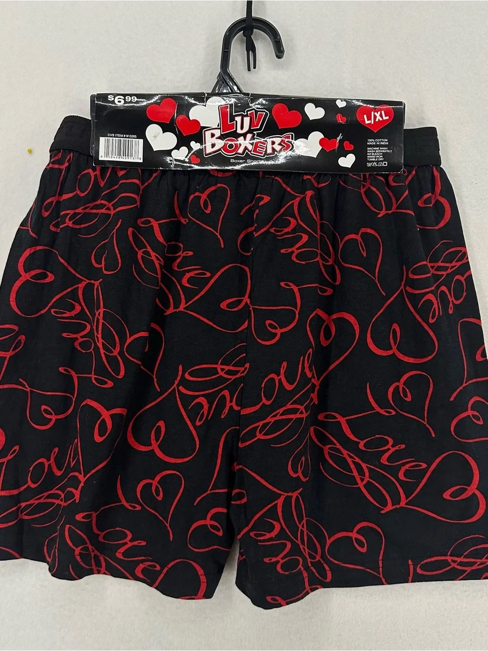 Luv Boxers Love Heart Print Boxer Shorts Black Red L/XL NWT Valentine’s